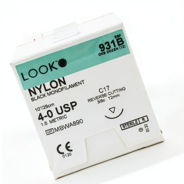 Look 931B Nylon Black Monofilament Sutures C17 3/8 Circle 4-0 12mm-3