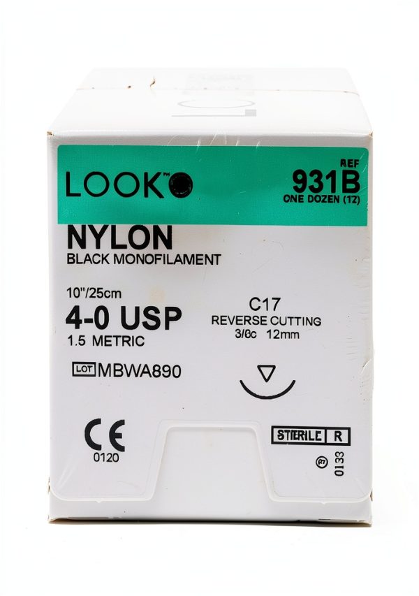 Look 931B Nylon Black Monofilament Sutures C17 3/8 Circle 4-0 12mm-0